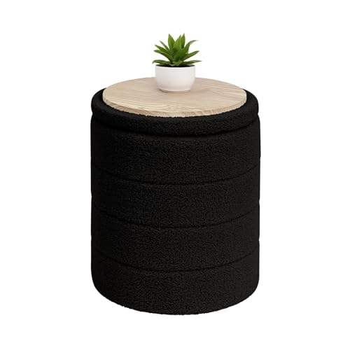 B FSOBEIIALEO Folding Storage Ottoman, Round Sherpa Ottomans, Black | 14.6" Foldable Ottoman With Tray, Boucle Foot Stool, Small Storage Coffee Table for Living Room, Bedroom, Hallway - color: Black, size: 14.6"D x 14.6"W x 17.7"H