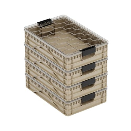 Quarter Crate 4-Pack Stackable Storage Bins, Tan | Polypropylene, 14 dividers included, 19.16x12.75x4.57 in, over 1000 lb stack, lids sold separately - color: Tan