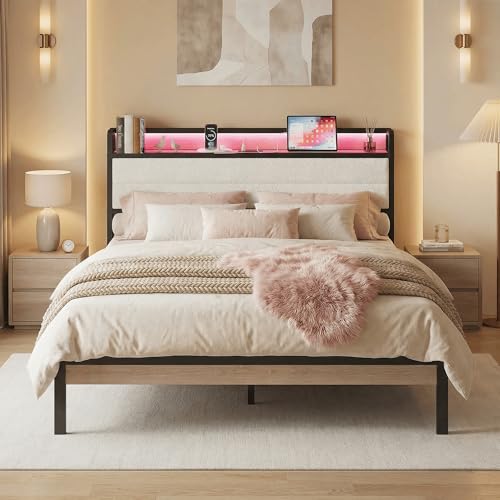 LIKIMIO Queen Bed Frame with Headboard, LED Lights and Charging Station - color: Natural and Cream, size: Queen