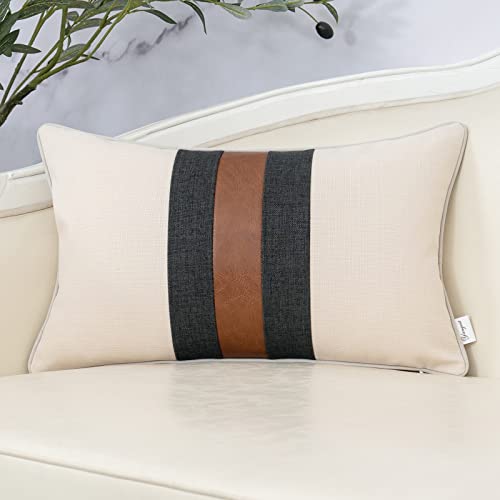 Patchwork Pillow Cover 12x20 Inch Luxury Cotton and Linen Cushion Cover Faux Leather Pillowcover for Couch Bedroom Living Room, White - color: L-white, size: 20" x 12" (Pack of 1)