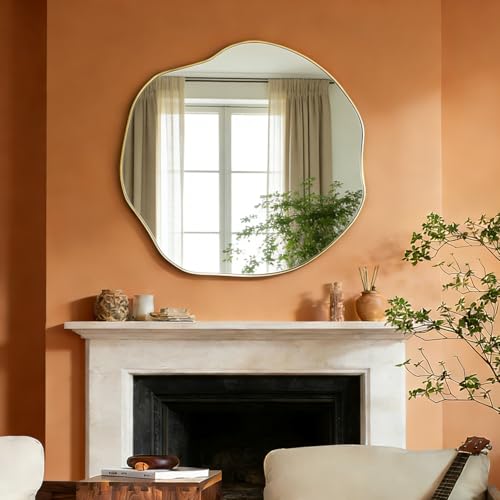 POZINO Irregular Wall Mirror, 35" Scalloped Asymmetrical Art Deco Mirror, Gold Organic Shape Frameless Mirrors for Entryway Living Room Bedroom Hallway, Horizontal or Vertical Hanging - color: Gold, size: 35"L x 35"W