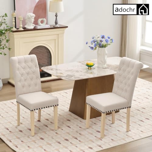 adochr Dining Chairs Set of 2, Linen Armless Parsons Chairs,Beige | Wooden Legs&Tufted Buttons, Upholstered Dining Room Chair for Kitchen/Dining/Living Room - color: Beige, size: 2PCS