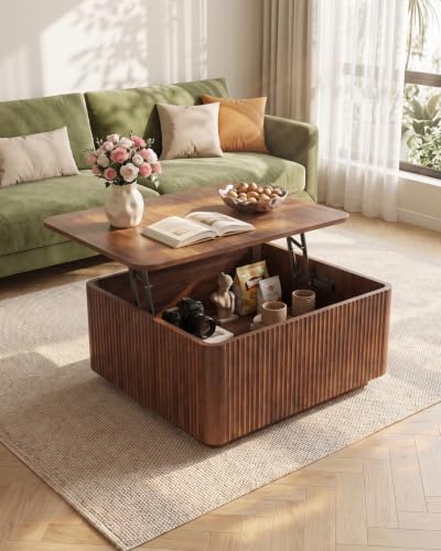 31.5"Walnut Lift Top Coffee Table with Storage for Living Room, LED Lights | Fluted Square Coffee Table,Charging Station, Large Hidden Storage,Mid Century Modern Design, Heavy-Duty Hydraulic Gas Spring