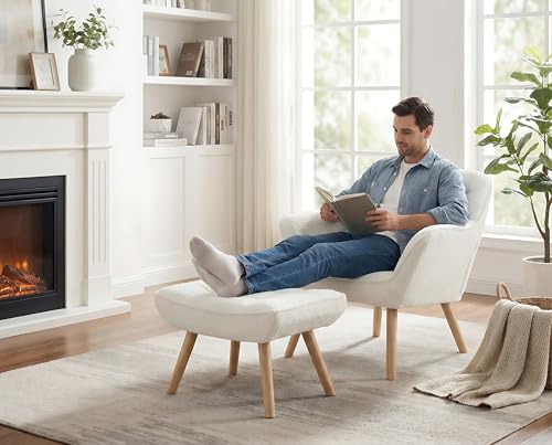 White Sherpa Accent Chair with Ottoman ，Modern Reading Chairs with Ottoman Set, Comfy Fuzzy Armchair Living Room Chair Lounge Chair with Wood Legs for Small Spaces Bedroom Apartment - color: White, size: Chair with Ottoman
