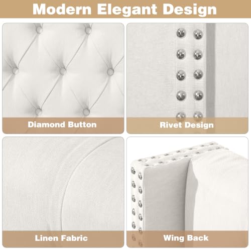 King Size Linen Upholstered Headboard, for the Bedroom Beige | Adjustable-Height Tufted Channel Design Padded Head Board Wingback with Nailhead Trim Luxury Bed Headboard - color: Beige, size: King (U.S. Standard)