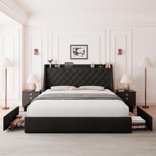 Feonase Upholstered King Size Bed Frame with 4 Storage Drawers, Large Wingback Headboard, No Box Spring Needed, Black - color: Black, size: King