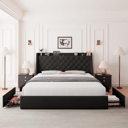 Feonase Upholstered King Size Bed Frame with 4 Storage Drawers, Large Wingback Headboard, No Box Spring Needed, Black - color: Black, size: King