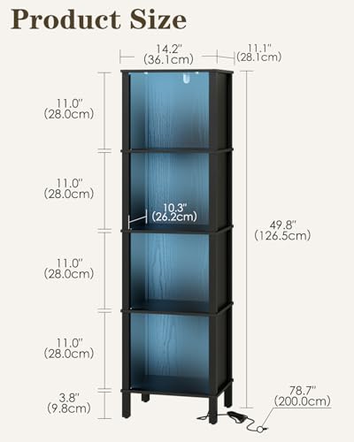 Bookshelf with LED Lights, Modern 4-Tier Bookcase, Open Storage Book Shelf, 11 × 14.2 × 50.4 Inches, Small Narrow Bookshelves for Living Room, Home Office, Bedroom, Black - color: Black