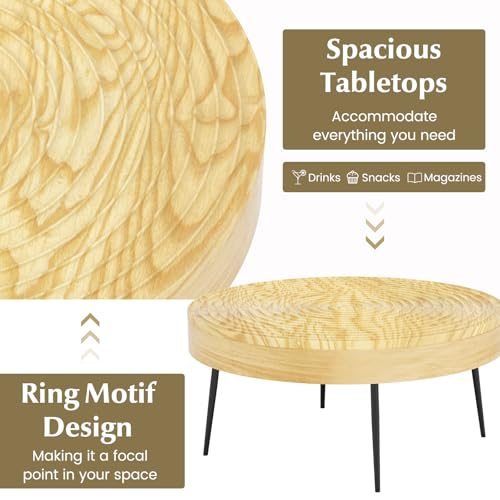 Giantex Boho Round Coffee Table Set of 2, Sofa Side Nesting Table with Solid Pine Wood Top, Metal Legs & Adjustable Foot Pads, 31.5" D Large Table Set for Living Room (Ring Pattern, Natural) - color: Natural, style: Ring Pattern