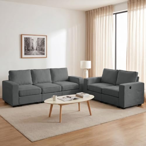 Small Sectional Couches with Storage for Living Room, Modular Loveseat Sofa with Removable Chenille Cover & USB Charging, Comfy Living Room Couch, Grey - color: Grey