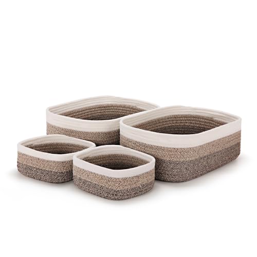 4-Pack Large Woven Rope Storage Baskets, 2 Sizes Organizer Bins | Fabric Cube Boxes and Rectangular Shallow Bins for Closet, Shelf, Bookshelf, Nursery, Changing Table, Bathroom, Toys & Home - color: gradient brown, size: 2pcs-14.96*11.02*5.11'' & 2pcs-7.0
