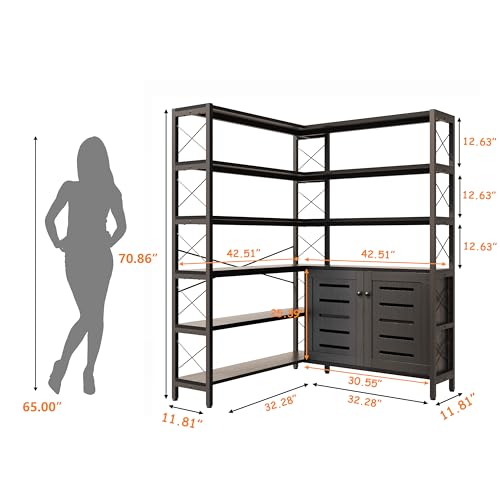 Wildhome 6-Shelf Corner Bookshelf, Vintage Industrial Corner Shelf Etagere Bookcase, Large Book Shelf with Metal Frame Open Storage Corner Cabinet (Black-Lockers, Large) - color: Black, size: Large With Storage Cabinet