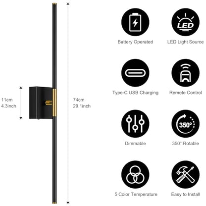 Wall Sconces Set of Two with Remote Control 29.1 in Dimmable Black Gold Battery Operated Wall Lights 350° Ratation 3000K-6000K LED Wireless Rechargeable Sconce for Bathroom Living Room Bedroom - color: Black & Gold, size: 29.1in(2 Pack)