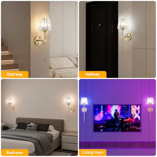 Crystal Battery Operated Wall Sconces Set of 2, Brass Rechargeable Wireless Wall Lights with Crystal Lampshade, 12 RGB and 3CCT Dimmable Wall Lamp with Remote for Bedroom Living Room Hallway - color: Brass