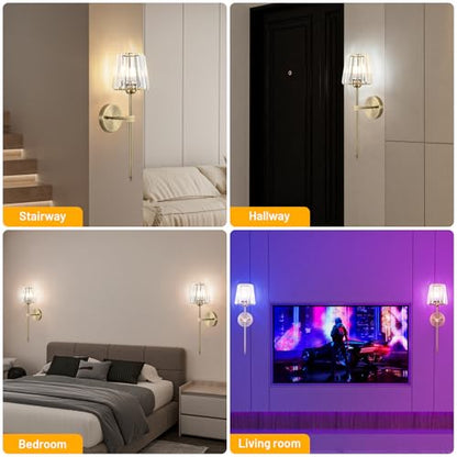 Crystal Battery Operated Wall Sconces Set of 2, Brass Rechargeable Wireless Wall Lights with Crystal Lampshade, 12 RGB and 3CCT Dimmable Wall Lamp with Remote for Bedroom Living Room Hallway - color: Brass