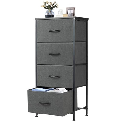 DUMOS Nightstand, Bedside Table with 4 Fabric Drawers | Night Stand with Removable Bins, Steel Frame Wood Top, Small Dresser for Bedroom Closet - color: Grey, size: 11.8"D x 17.7"W x 37.4"H (4 Drawers)