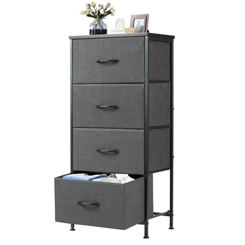 DUMOS Nightstand, Bedside Table with 4 Fabric Drawers | Night Stand with Removable Bins, Steel Frame Wood Top, Small Dresser for Bedroom Closet - color: Grey, size: 11.8"D x 17.7"W x 37.4"H (4 Drawers)