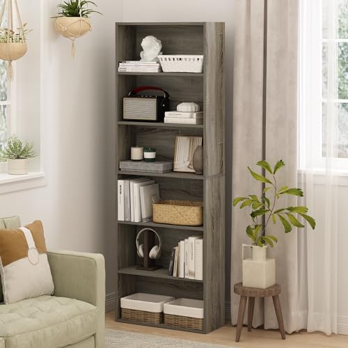 Furinno Jaya Book Shelf Set of 2, 6-Tier Bookshelf, Bookcase, 9.5 x 24.6 x 71, for Home Office, Living Room, French Oak - color: French Oak, size: Set of 2, 6-Tier