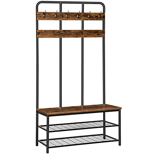 HOOBRO Hall Tree with Bench, Entryway Bench with Coat Rack, Mud Room Rack with 12 Double Hooks and Shoe Storage, Coat Tree, Shoe Rack Organizer, for Foyer, Front Door, Rustic Brown BF05MT01 - color: Rustic Brown + Black