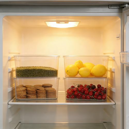 Clear Storage Bins with Lids 4 Packs, Stackable Transparent Storage Containers, Food Grade Fridge Kitchen Cabinet Organizer, Storage Boxes for Fruits , Bathroom and Pantry Organization (4 Small) - size: 4 Small