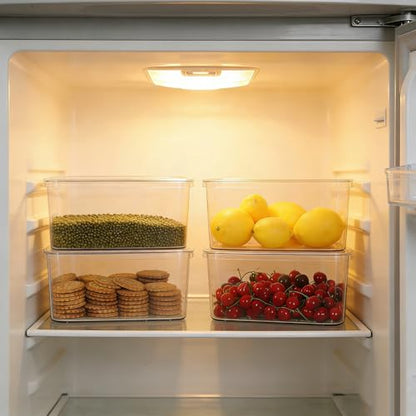 Clear Storage Bins with Lids 4 Packs, Stackable Transparent Storage Containers, Food Grade Fridge Kitchen Cabinet Organizer, Storage Boxes for Fruits , Bathroom and Pantry Organization (4 Small) - size: 4 Small
