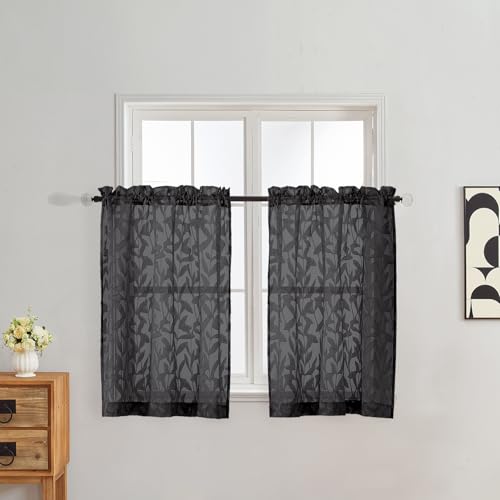 Gwine Black Sheer Curtains 30 Inch Length, Light Filtering Leaf Clip Jacquard Textured Short Cafe Curtains, Rod Pocket Half Window Curtain for Bathroom Basement RV Camper, 42x30 Inch, 2PCS - color: Black, size: 42"W x 30"L (Pack of 2)