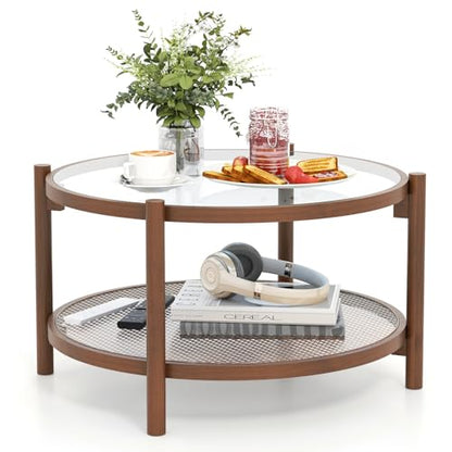GIANTEX Rattan Coffee Table, Boho Round Glass Tea Table with PE Rattan Storage Shelf & Wood Frame, 2 Tier Accent Center Table for Living Room, Apartment, Small Space - color: Brown