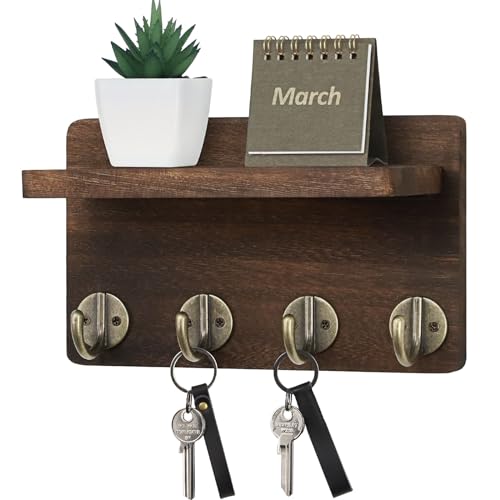 Nekon Key Holder Wall Mount, 8.5 Inch Small Home Decor Wooden Wall Organizer with 4 Hooks and Shelf, Wall Decor for Living Room Entryway Kitchen (Brown) - color: Brown