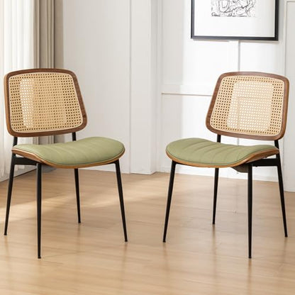 Rattan Dining Chairs Set of 4,Mid Century Green PU Leather Kitchen Chairs,Upholstered Seat Metal Legs Chairs with Adjustable Foot Pads,Walnut Armless Side Chairs - color: Green, size: Set of 4