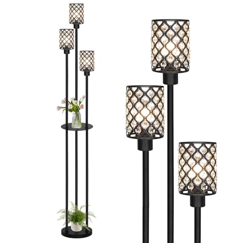 Gold Floor Lamps for Living Room, Standing Floor Lamp with Shelves, Tall Lamp with Table, Modern Mid Century Floor Lamp with E26 Base, Coner Crystal Floor Light for Bedroom (Without Bulb) - color: Black