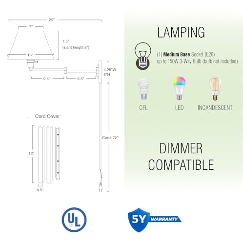 Kira Home Cambridge 15" Modern Swing Arm Wall Sconce + 3-Way Switch, 2-Pack | White Empire Fabric Shade, 2-in-1 Plug In or Hardwired Bedroom Wall Lamp, Satin Nickel Finish - color: Brushed Nickel,White Shade,2-Pack