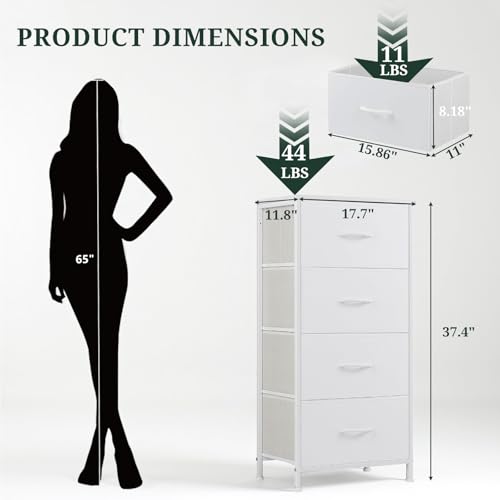 4 Drawer Dresser for Bedroom, Fabric Storage Drawer Unit with Wooden Top Steel Frame, Closet Organizer Chest of Drawers for Bedroom, Entryway, Dorm, White