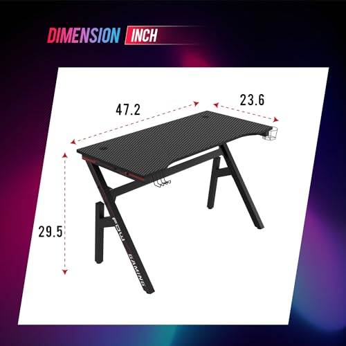 BestOffice | 47" Gaming Table | Red | R-Shaped Computer Desk | with Steel Frame, Headphone Hook, Adjustable Feet | Carbon Fiber Texture| Easy to Clean | for Gaming, Home Office - color: Red, size: 47 Inch R Shaped