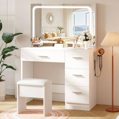 LIVELYGLOW 35.4" White Vanity Desk Set with Full-Width LED Mirror & Stool | 3 Lighting Modes, Charging Station, Cushioned Stool, 4 Drawers