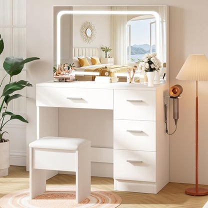 LIVELYGLOW 35.4" White Vanity Desk Set with Full-Width LED Mirror & Stool | 3 Lighting Modes, Charging Station, Cushioned Stool, 4 Drawers