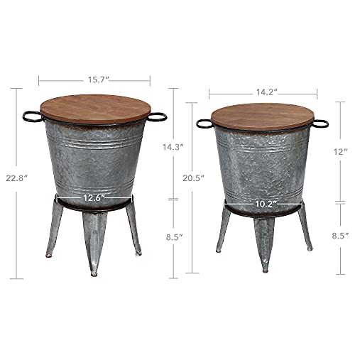 RUSTOWN Farmhouse Side Tables Set of 2, Galvanized Metal Bucket End Table | Storage Metal Bin with Round Wooden Lid, Accent Side Table, Rustic Antique Cocktail Table for Living Room, Bedroom, Outdoor - color: Galvanized