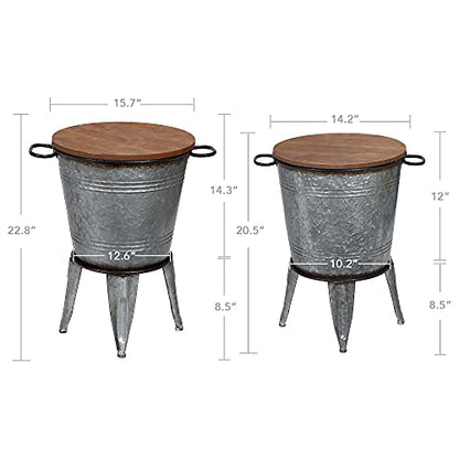 RUSTOWN Farmhouse Side Tables Set of 2, Galvanized Metal Bucket End Table | Storage Metal Bin with Round Wooden Lid, Accent Side Table, Rustic Antique Cocktail Table for Living Room, Bedroom, Outdoor - color: Galvanized