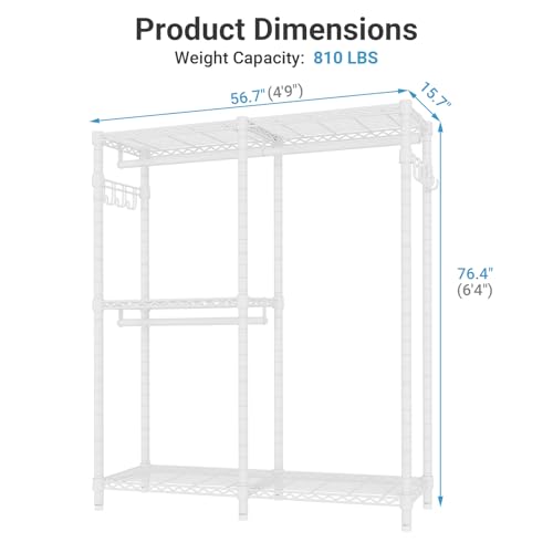 VIPEK V4C Heavy Duty Adjustable Clothing Rack, White Metal Closet Rack with Grey Cover, 57.9" L x 17.3" W x 76.4" H, 3 Hanging Rods & Side Hooks, Portable Closet - color: White Rack with Grey Cover, style: V4C