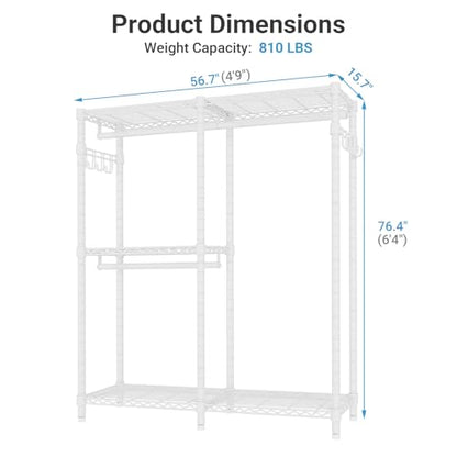 VIPEK V4C Heavy Duty Adjustable Clothing Rack, White Metal Closet Rack with Grey Cover, 57.9" L x 17.3" W x 76.4" H, 3 Hanging Rods & Side Hooks, Portable Closet - color: White Rack with Grey Cover, style: V4C