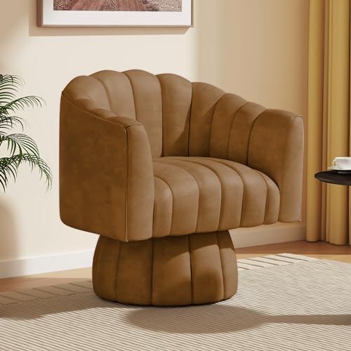 Dewhut Swivel Accent Chair, Barrel Accent Chair, Leather, Brown | Faux leather Upholstered Round Arm Chair with 360° Swivel Base, Mid Century Modern Living Room Chair - color: Brown