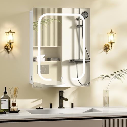 Lighted Bathroom Medicine Cabinet with Mirror, LED Bathroom Vanity Mirror with Storage, 3 Color Temperatures, Wall Mounted Bathroom Cabinet, Adjustable Shelves, Touch-Sensitive Control, White