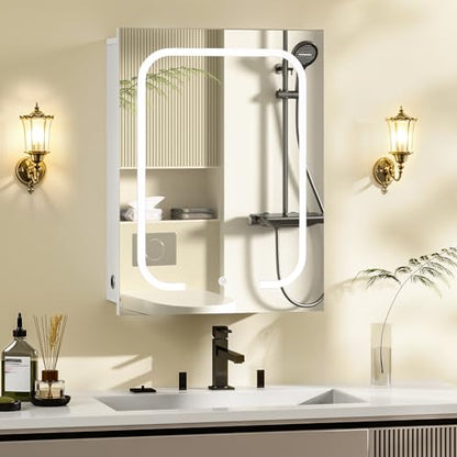 Lighted Bathroom Medicine Cabinet with Mirror, LED Bathroom Vanity Mirror with Storage, 3 Color Temperatures, Wall Mounted Bathroom Cabinet, Adjustable Shelves, Touch-Sensitive Control, White