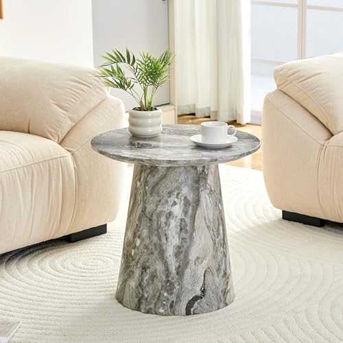 Modern End Coffee Table, 19.6" Gray&Brown Texture Faux Marble Coffee Table with Sturdy Cone Base, Small Round Coffee Table & Tall End Table Ideal for Living Room, Apartment, Small Space - color: 19.6" Gray Coffee Table