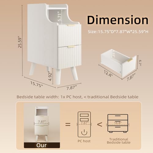 EAG Fluted Narrow Nightstand, Skinny Bedside Table with 2 Drawers, White | Wooden Small End Table for Small Spaces, Mid Century Modern Night Stand, Slim End Table for Bedroom - color: White, size: 8" W