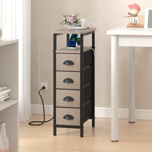 sthmec Nightstand with Charging Station, Narrow Night Stand Set of 2 with 4 Drawers, Skinny Side Table with Fabric Drawers,Slim Sofa Couch Tables for Small Spaces,Living Room,Bedroom, Grey - color: Grey, style: Power