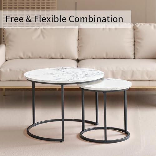 Round Nesting Coffee Table Set of 2, Stacking Minimalist End Table | Modern Marble Pattern Wooden Nesting Tables for Living Room Bedroom Small Space, White Top and Black Leg - color: White & Black