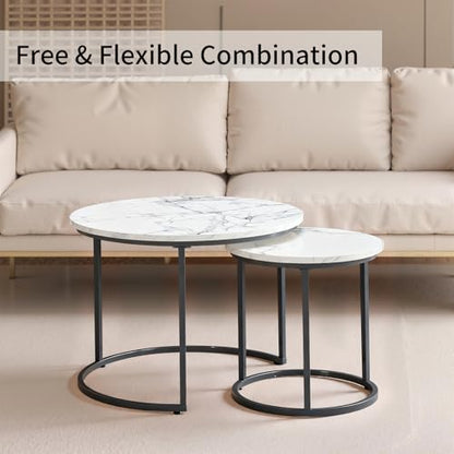 Round Nesting Coffee Table Set of 2, Stacking Minimalist End Table | Modern Marble Pattern Wooden Nesting Tables for Living Room Bedroom Small Space, White Top and Black Leg - color: White & Black