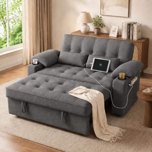 58'' Convertible Sofa Bed with USB Charger and Cup Holders, Teddy Fabric Loveseat Pull Out Couch with Adjustable Backrest and Side Pocket for Small Space (Deep Gray)