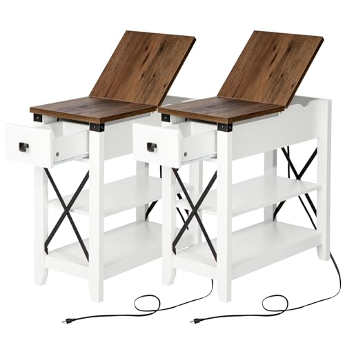 Awescuti Narrow End Table with Charging Station - Farmhouse Slim Side Table Set of 2, w/USB Ports Power Outlets, Nightstand w/Flip Top Storage Drawer, for Small Spaces Living Room Bedroom, Brown White - color: Brown Top, size: Set