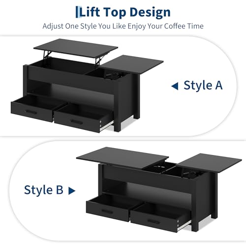 Multifunctional Lift Top Coffee Table, Convertible Wooden Coffee Table with 2 Drawers & Hidden Compartment, Storage Center Table for Living Room Home Office,Black - color: Black